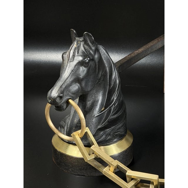 French Horse Head Andirons in Brass and Iron, 1950s, Set of 2 For Sale - Image 10 of 17