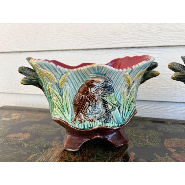 Late 19th Century Pair Antique French Majolica Jardinières Insect Musician Cache Pot Planter C1880 For Sale - Image 5 of 18