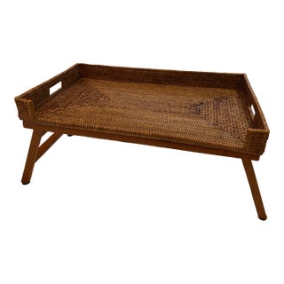 Vintage Woven Rattan Butler's Tray Table With Folding Wooden Legs For Sale