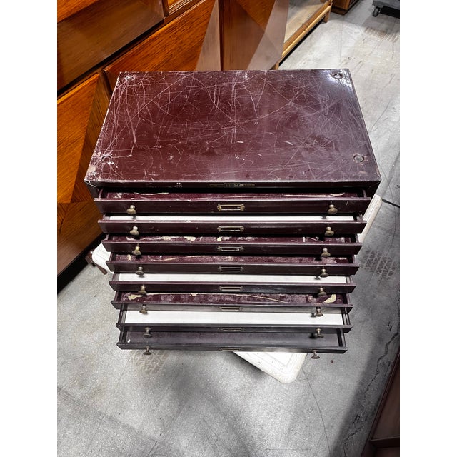 Antique Metal Eight Drawer Watchmaker’s Cabinet or Storage Drawers | E & J Swigart Co + Fancy Crystals B & B For Sale - Image 10 of 12