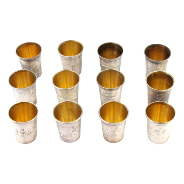 Silver Vodka Glasses with Floral Reliefs, Set of 12 For Sale