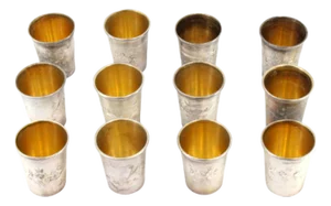 Silver Vodka Glasses with Floral Reliefs, Set of 12