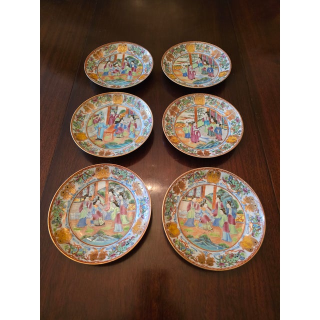 Ceramic Antique Chinese Porcelain Mandarin Rose Canton Set Plates For Sale - Image 7 of 8