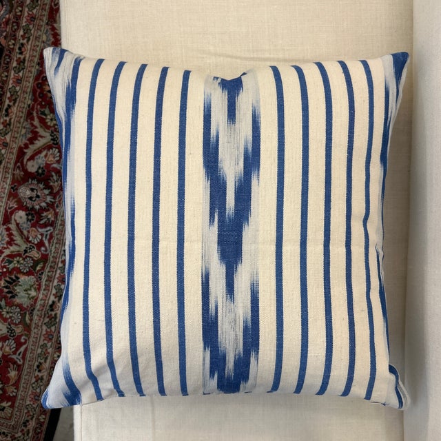 2020s Thick Woven Canvas Pillow With Blue Hand Dyed Ikat Design and New Feather Down Insert For Sale - Image 5 of 6