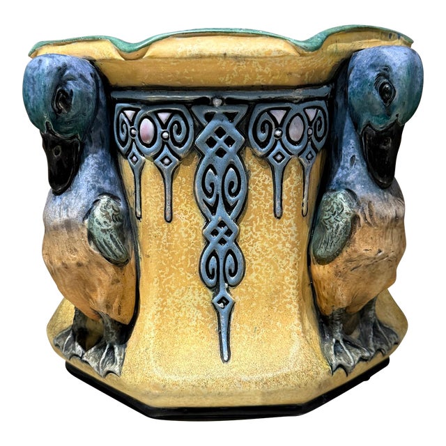 Art Nouveau Majolica Ceramic Planter Cachepot Jardinière Ducks For Sale