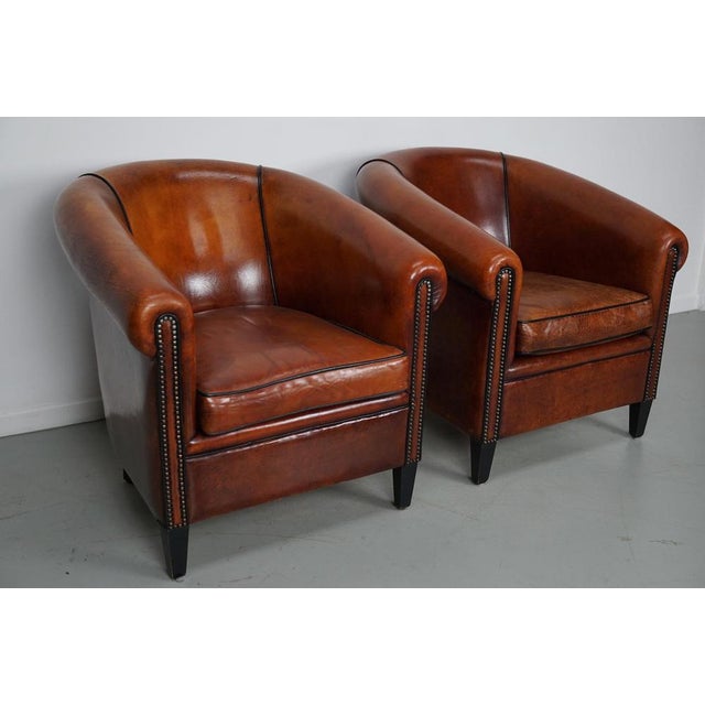 Set of Vintage Dutch Cognac Colored Leather Club Chairs For Sale - Image 3 of 17