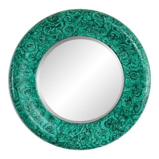 Vintage Faux Malachite Round Beveled Glass Wall Mirror For Sale
