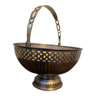 Vintage Pierced Brass Footed Basket With Handle For Sale