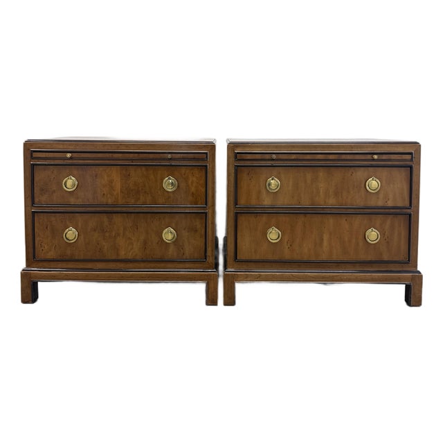 Late 20th Century Pair of Drexel Heritage Burlwood Nightstands With Brass Ring Hardware For Sale