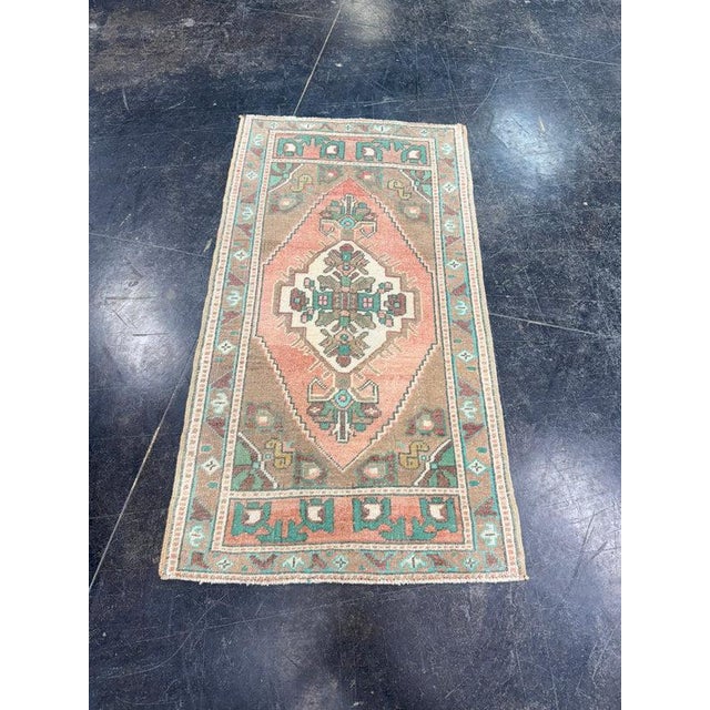 Salmon Turkish Mini Rug Oriental Hand Knotted Vintage Rug 1'10" x 3'7" #17869 For Sale - Image 8 of 8