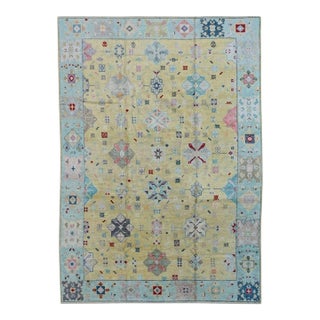 Contemporary Turkish Oushak Rug in Light Yellow With Pale Blue Border, 9'11" X 14' For Sale