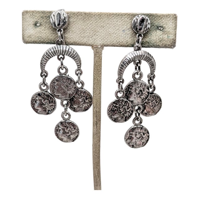 Vintage 1970s Signed Crown Trifari Rhodium Plated Alexander the Great "Coin" Chandelier Clip Earrings-2 Pieces For Sale