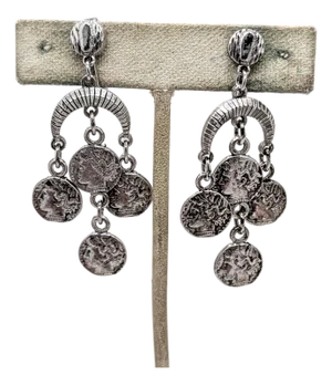 Vintage 1970s Signed Crown Trifari Rhodium Plated Alexander the Great "Coin" Chandelier Clip Earrings-2 Pieces