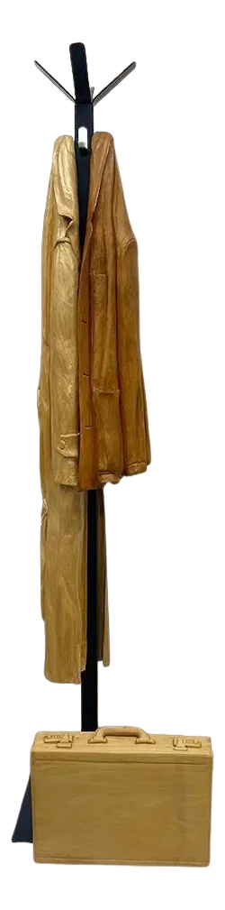 Italian Carved Wood Sculpture of Raincoat and Jacket on Metal Coat Rack, 1990s