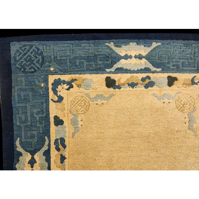 1880s Yellow Geometric Solid Antique Chinese Peking Rug 3'2" X 7 Handknottted Wool Carpet For Sale - Image 4 of 7