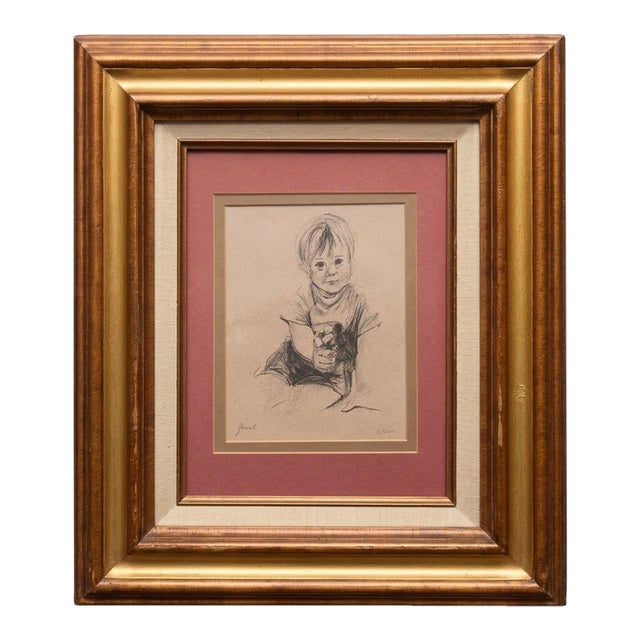 1970s Mid-Century c.w. Guest Limited Edition Child Portrait Lithograph in Deep Gallery Frame With Linen Liner For Sale