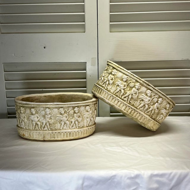 Late 20th Century Vintage Neoclassical Concrete Planters With Cherub Relief - a Pair For Sale - Image 5 of 6