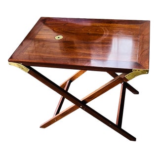 1980s Baker Furniture Walnut Campaign Style Folding X Base End Table With Brass Hardware For Sale