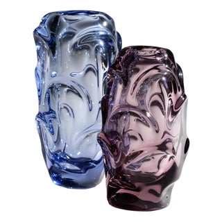 Lilac and Blue Glass Vases attributed to Jan Beranek for Skrdlovice, 1960, Set of 2 For Sale