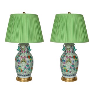 Pair of Colorful Chinese Export Porcelain Lamps With Green Pleated Shades For Sale