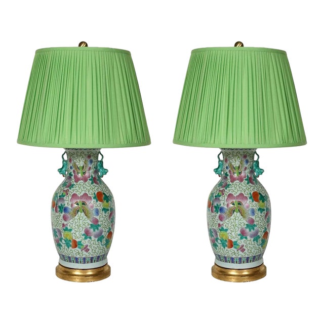 Pair of Colorful Chinese Export Porcelain Lamps With Green Pleated Shades For Sale