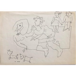 Moshe Avni, Vintage Israeli Bezalel School Drawing Family Playing, Dogs Puppies Kibbutz Life, c.1960's For Sale