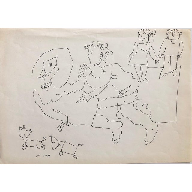Moshe Avni, Vintage Israeli Bezalel School Drawing Family Playing, Dogs Puppies Kibbutz Life, c.1960's For Sale