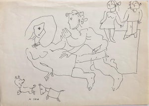 Moshe Avni, Vintage Israeli Bezalel School Drawing Family Playing, Dogs Puppies Kibbutz Life, c.1960's