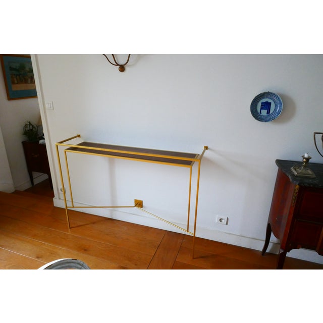 Contemporary Patinated Gilt Bronze Console Table with Walnut Top from Aymeric Lefort For Sale - Image 3 of 4