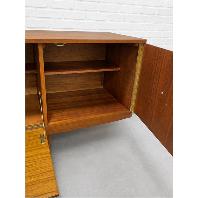Mid Century Modern Teak Credenza by Stonehill | Long Sideboard With Funky Sculpted Pulls and Sled Legs, Made in England, C. 1960’s For Sale - Image 12 of 18