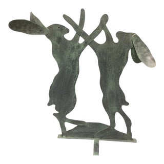 Dancing & Boxing Hares Garden Silhouette – Verdigris Iron For Sale