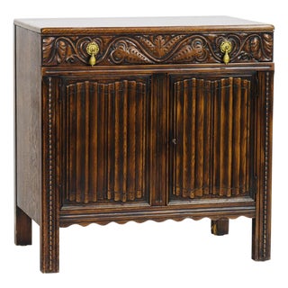 Jacobean Revival Carved Oak Cabinet / Server – Paneled Doors, Frieze Drawer & Brass Pulls, England, C. 1920s For Sale