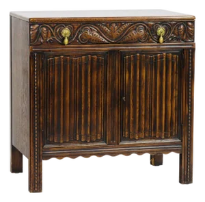 Jacobean Revival Carved Oak Cabinet / Server – Paneled Doors, Frieze Drawer & Brass Pulls, England, C. 1920s