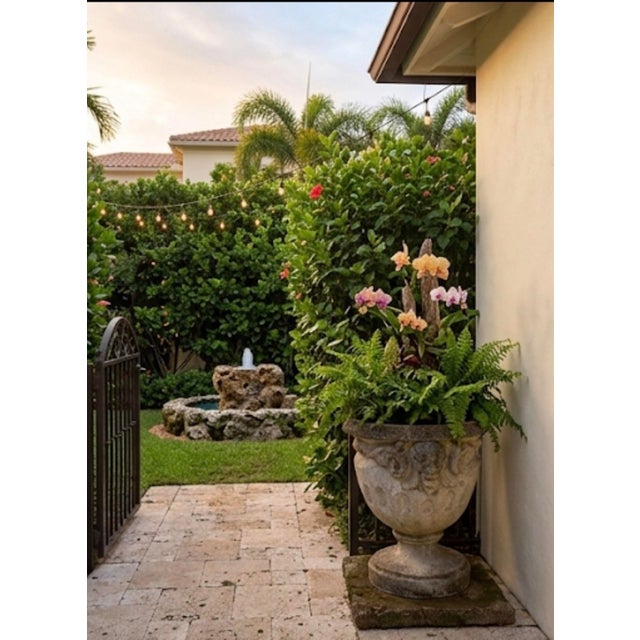 Oyster Gray Vintage Neoclassical Cast Stone Garden Urn Planter With Lion Mascarons For Sale - Image 8 of 12