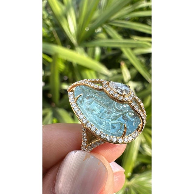 Set in 18k Gold, Carved Aquamarine & Rose Cut Diamonds Cocktail Engagement Ring, Size 7 For Sale - Image 10 of 10