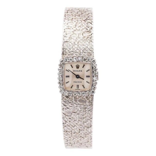 Rolex Precision 18k White Gold 18mm Diamond Bezel Watch For Sale