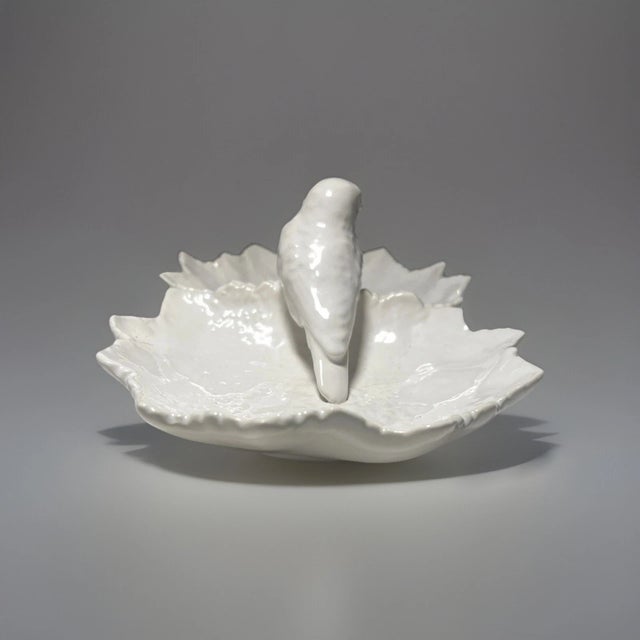 Bordallo Pinheiro 1990s Bordallo Pinheiro White Double Leaf With Bird Dish For Sale - Image 4 of 7