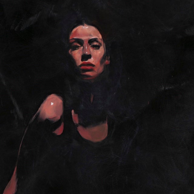 Red Tights by Michael Carson | Oil on Panel Woman in red tights seated at a table. For Sale - Image 4 of 5