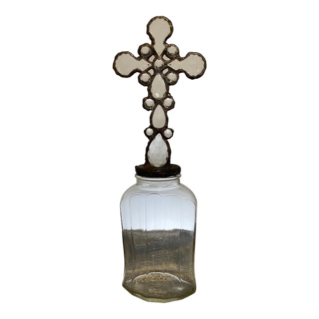 Handmade Crystal Cross Assemblage Sculpture on Clear Glass Bottle For Sale