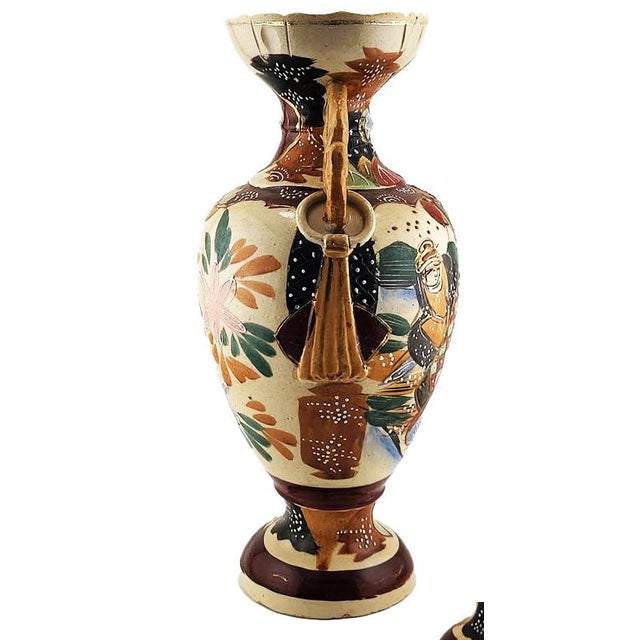 Japanese Antique Japanese Moriage Satsuma Samurai Raised Relief Floral Handled Vase For Sale - Image 3 of 8