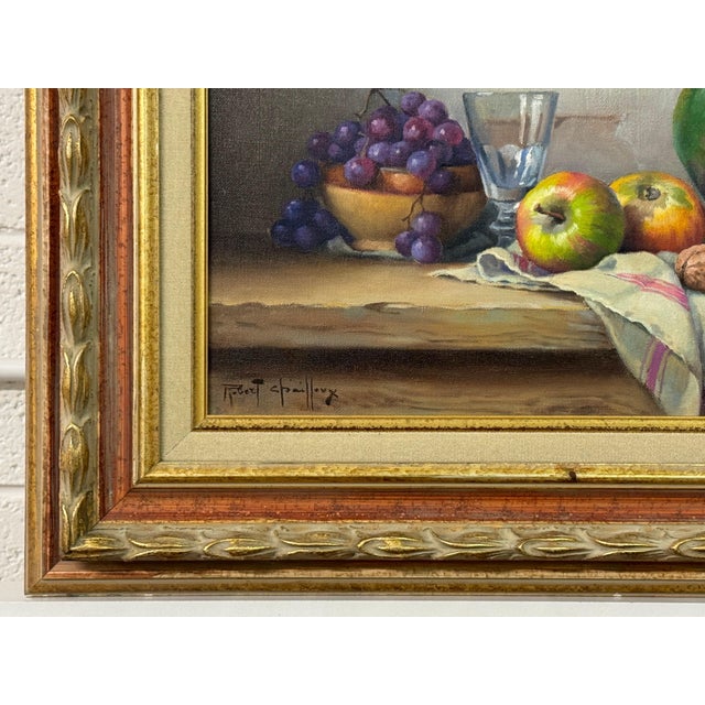 Textile Still Life with Flowers & Fruit in a French Farmhouse Interior by French Artist 1992 Circa For Sale - Image 7 of 13