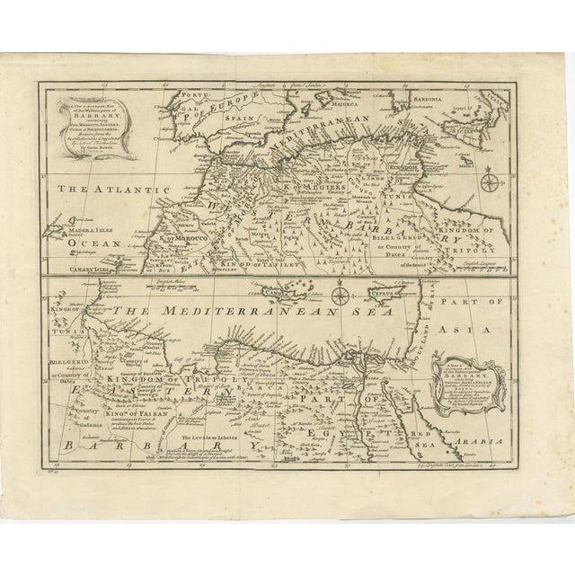 This elegant mid-18th-century engraved map presents the Mediterranean world with a strong focus on the Barbary Coast and...