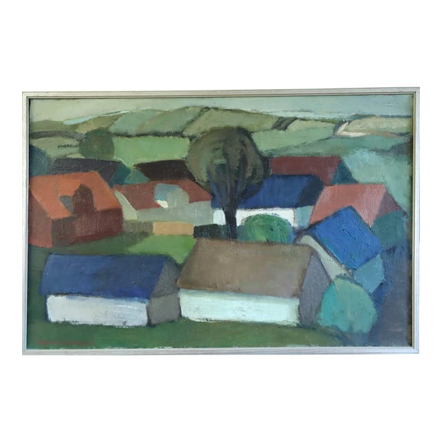 1963 Mid-Century Modern 'Houses by the Rolling Hills' Vintage Swedish Expressive Landscape Oil Painting, Framed For Sale