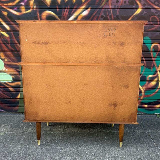 Brown United Mid Century Walnut and Brass Highboy Dresser For Sale - Image 8 of 12