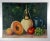 Mid century oil on canvas board still life painting with wine and fruit, nelon, apple, grapes. Unsigned. Unframed, edge wear.