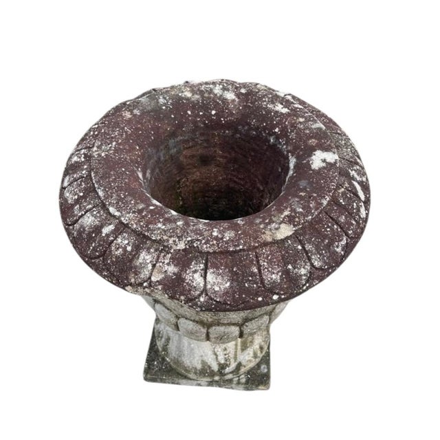 Dark Gray Vintage Classical Cast Stone Garden Urn With Fleur-De-Lis Relief & Weathered Patina For Sale - Image 8 of 12