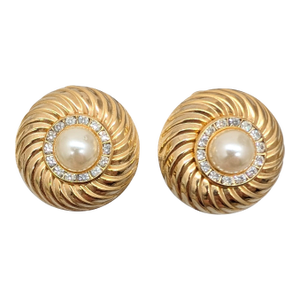 Vintage 1980s Signed Pierre Balmain Paris Round Goldtone Faux-Pearl Clip Earrings-2 Pieces