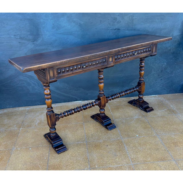 Spanish Carved Wood Console Table With Two Drawers Signed by Valenti For Sale - Image 9 of 16