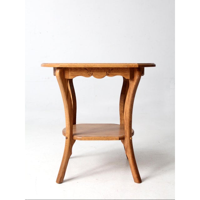 Farmhouse Vintage Oak Side Table With Carved Wheat Sheaf Apron For Sale - Image 3 of 12
