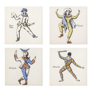 Piero Fornasetti Maschere Italiane Commedia Dell’Arte 1950s Ceramic Tiles Framed Set of 4 For Sale